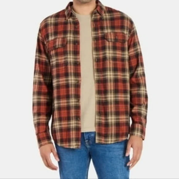 George Men's Button Down Red Tan & Black Plaid Flannel Double Pocket Shirt-SZ:M - Picture 12 of 16